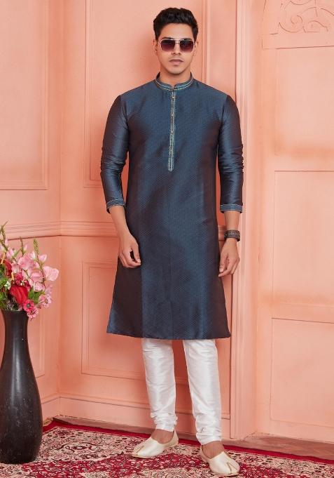 Grey Pintux Work Jacquard Kurta Set For Men — view on Indya