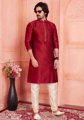 Maroon Pintux Work Jacquard Kurta Set For Men