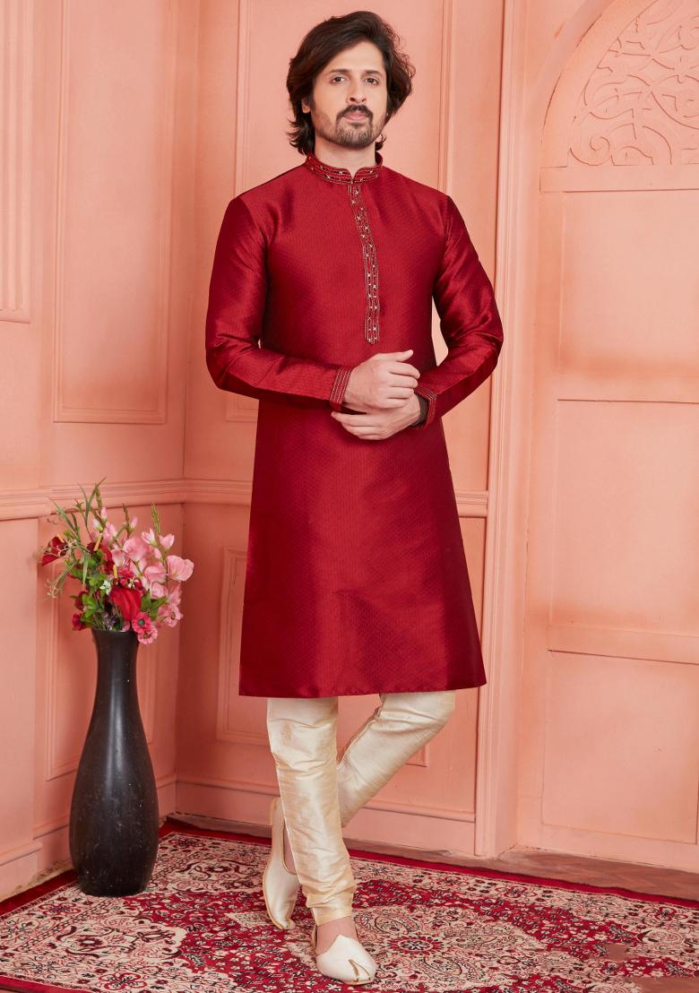 Maroon Pintux Work Jacquard Kurta Set For Men