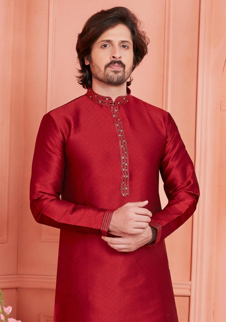 Maroon Pintux Work Jacquard Kurta Set For Men