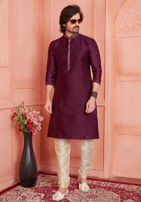 Magenta Pintux Work Jacquard Kurta Set For Men