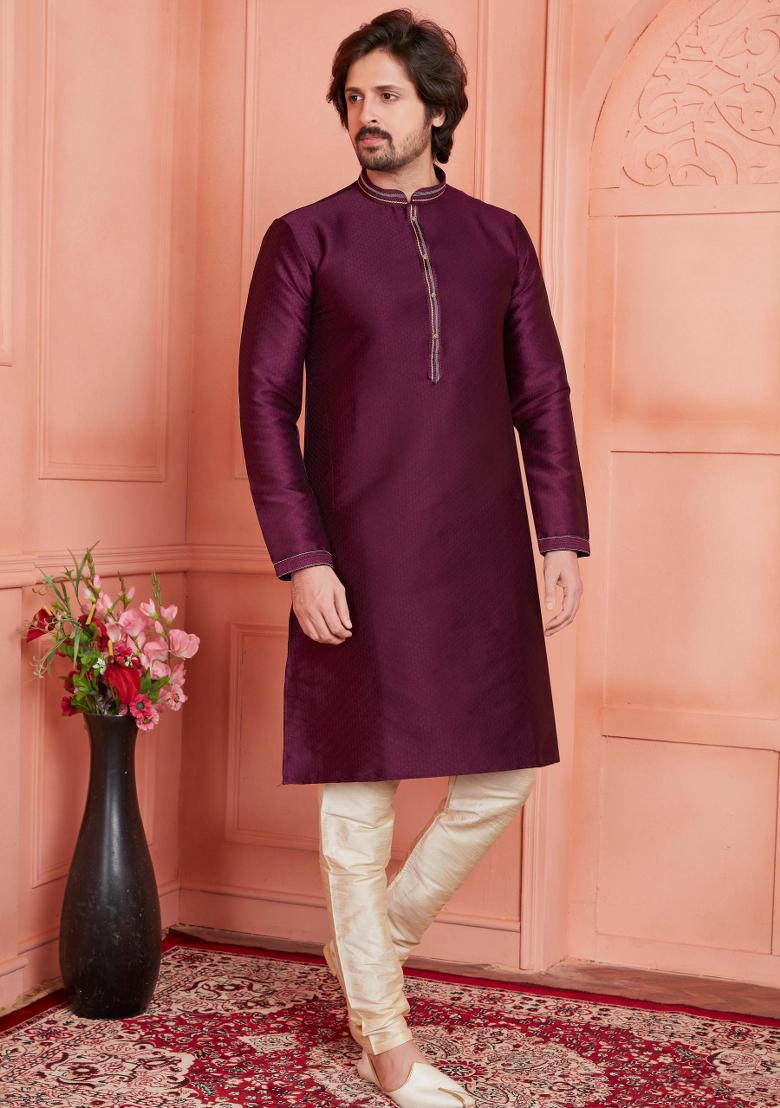 Magenta Pintux Work Jacquard Kurta Set For Men