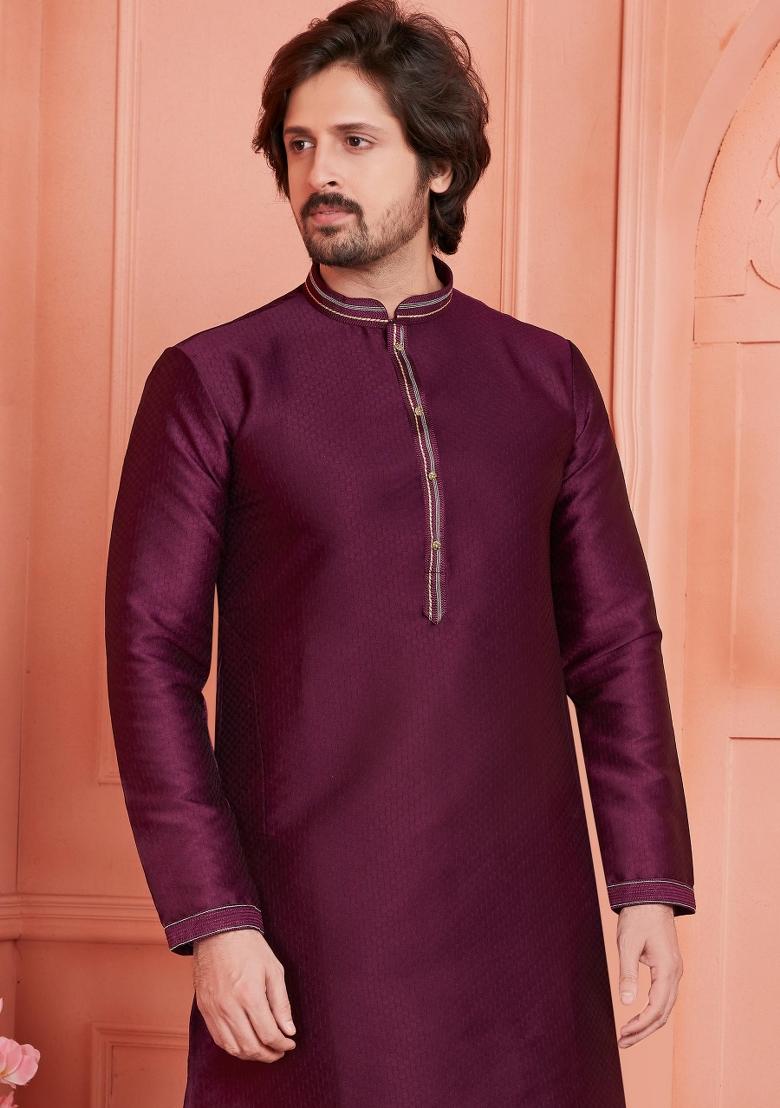 Magenta Pintux Work Jacquard Kurta Set For Men