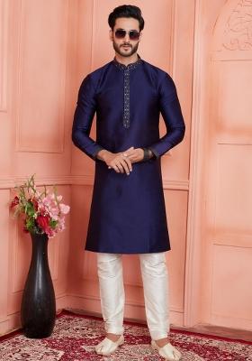 Blue Pintux Work Jacquard Kurta Set For Men