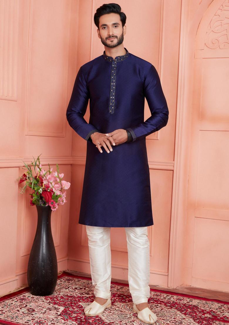 Blue Pintux Work Jacquard Kurta Set For Men