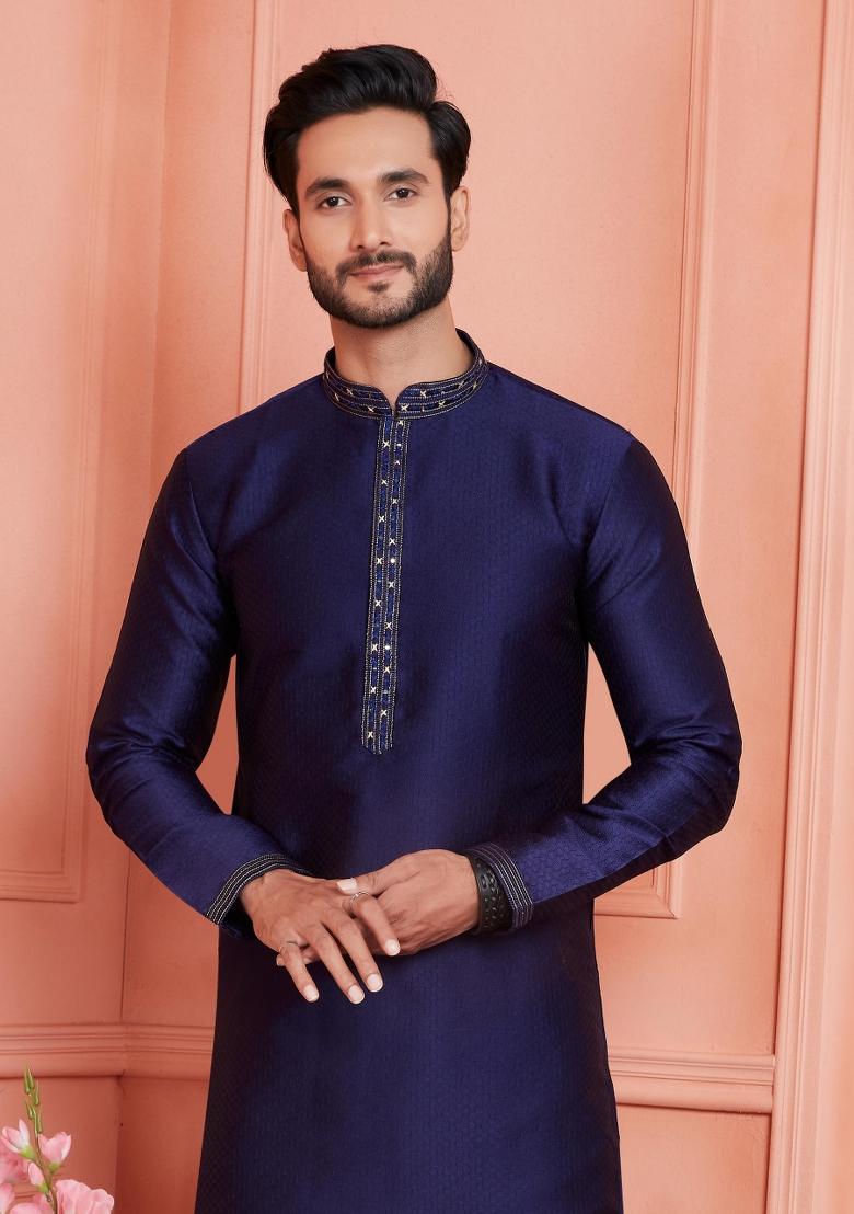 Blue Pintux Work Jacquard Kurta Set For Men