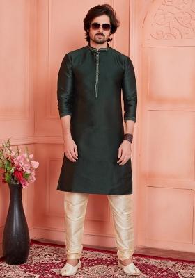 Green Pintux Work Jacquard Kurta Set For Men