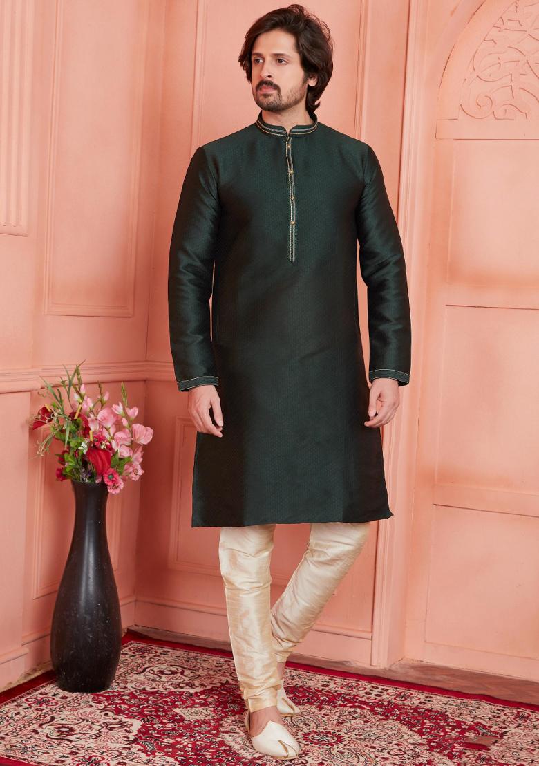 Green Pintux Work Jacquard Kurta Set For Men