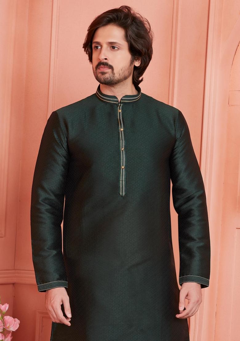 Green Pintux Work Jacquard Kurta Set For Men