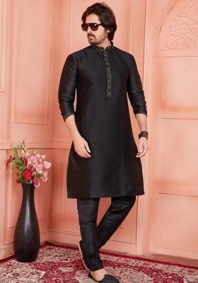Black Pintux Work Jacquard Kurta Set For Men