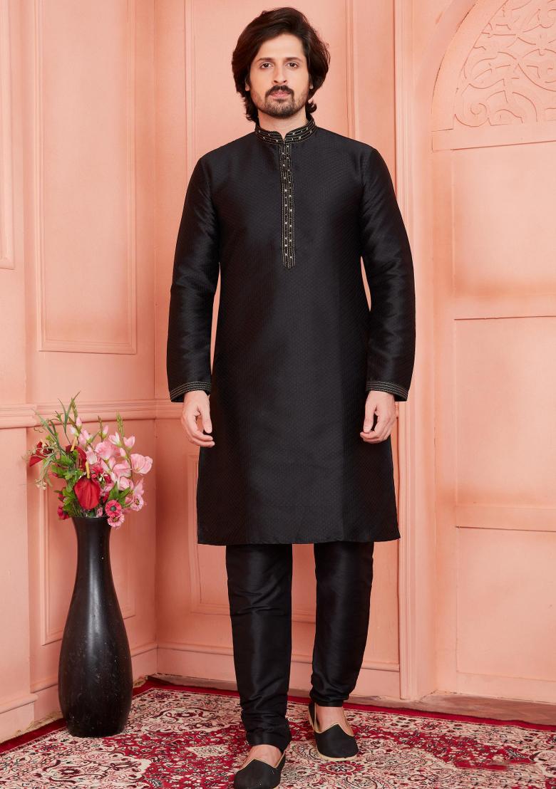 Black Pintux Work Jacquard Kurta Set For Men