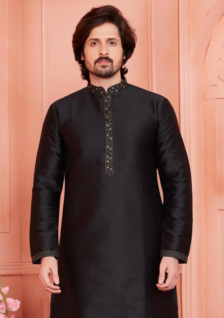 Black Pintux Work Jacquard Kurta Set For Men