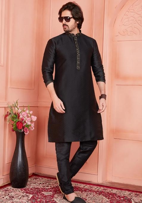 Black Pintux Work Jacquard Kurta Set For Men