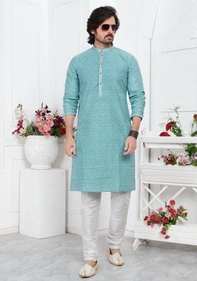 Blue Pintux Work Jacquard Kurta Set For Men