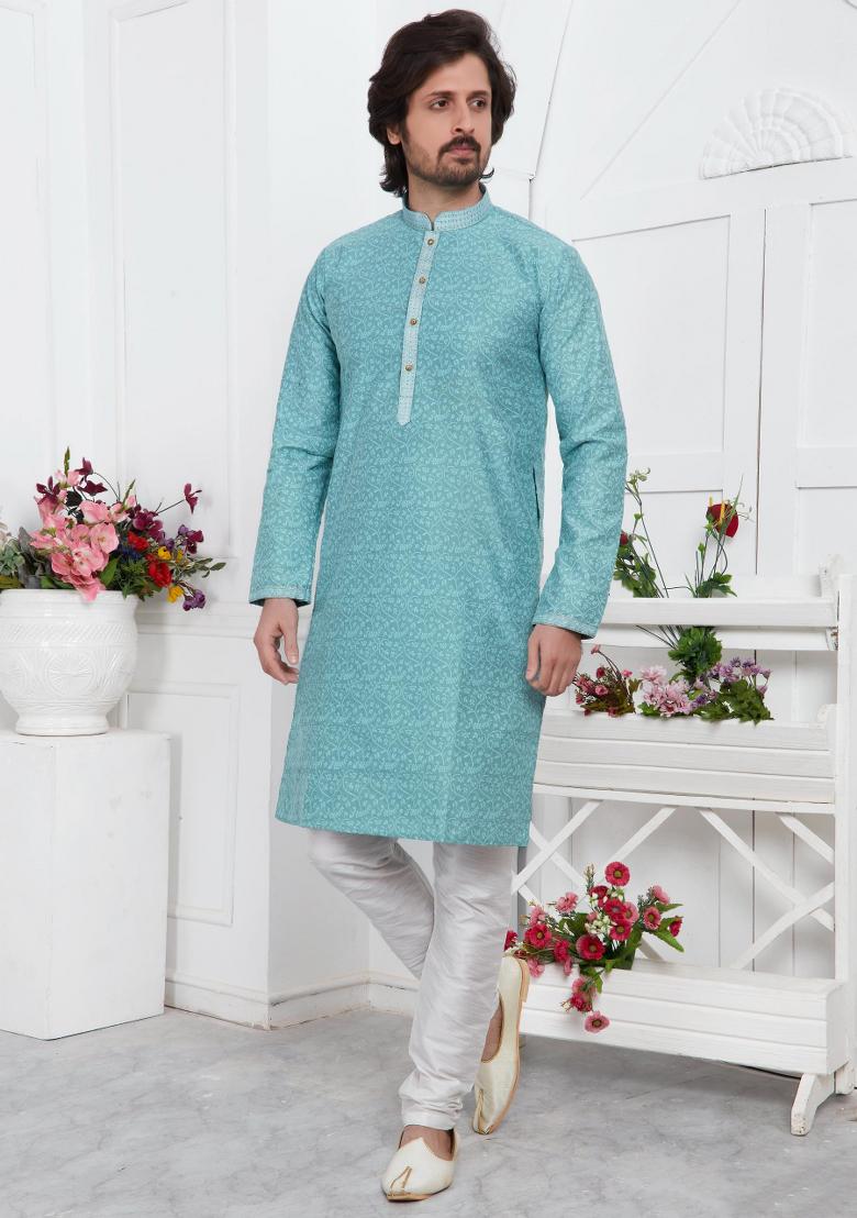 Blue Pintux Work Jacquard Kurta Set For Men