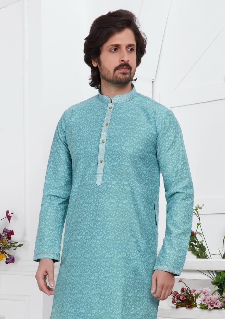 Blue Pintux Work Jacquard Kurta Set For Men