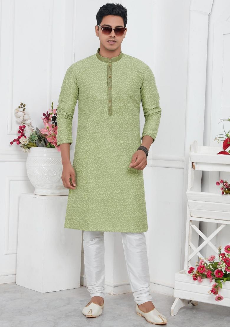 Pista Green Pintux Work Jacquard Kurta Set For Men