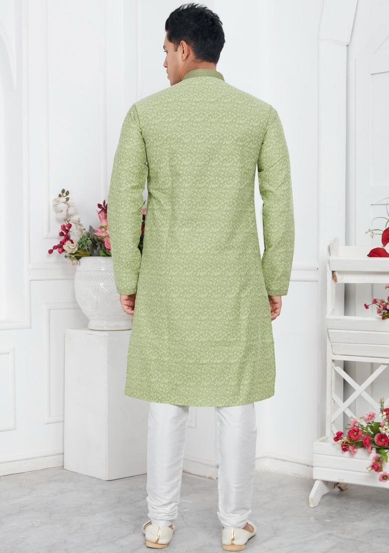 Pista Green Pintux Work Jacquard Kurta Set For Men