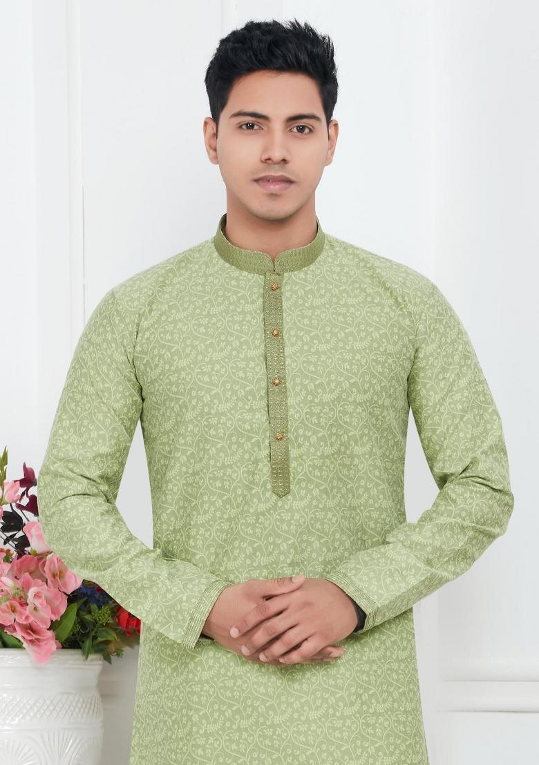 Pista Green Pintux Work Jacquard Kurta Set For Men