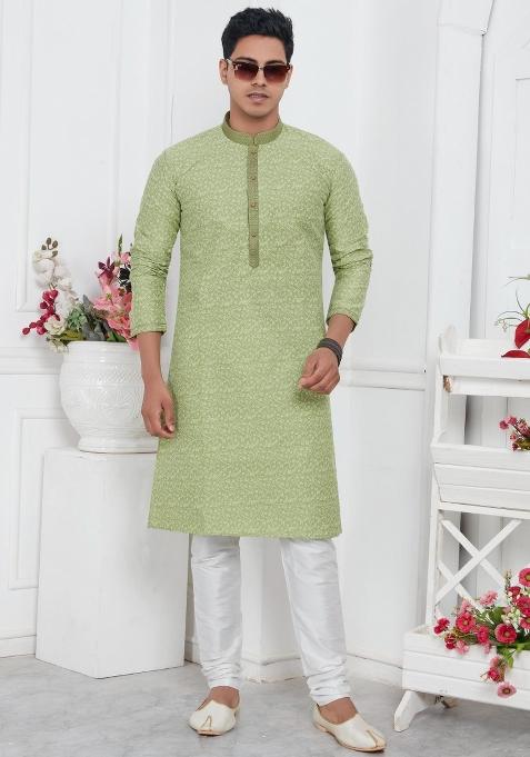 Pista Green Pintux Work Jacquard Kurta Set For Men