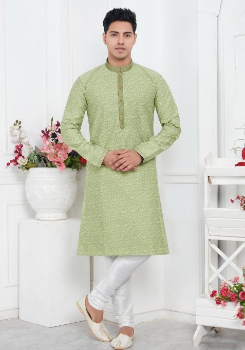 Pista Green Pintux Work Jacquard Kurta Set For Men