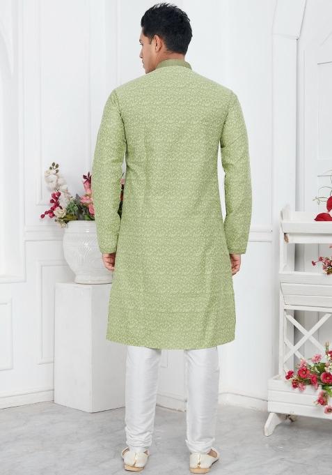 Pista Green Pintux Work Jacquard Kurta Set For Men