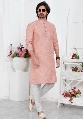 Peach Pintux Work Jacquard Kurta Set For Men
