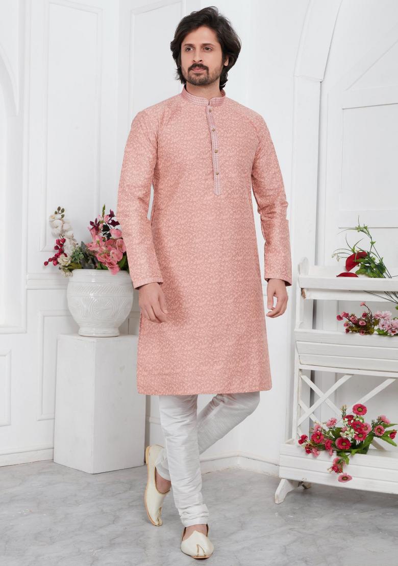 Peach Pintux Work Jacquard Kurta Set For Men
