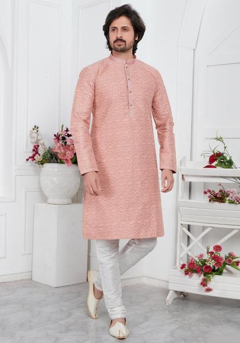 Peach Pintux Work Jacquard Kurta Set For Men