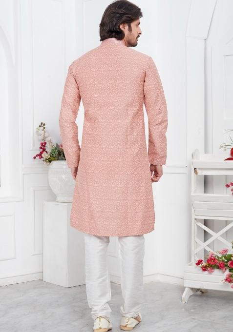 Peach Pintux Work Jacquard Kurta Set For Men