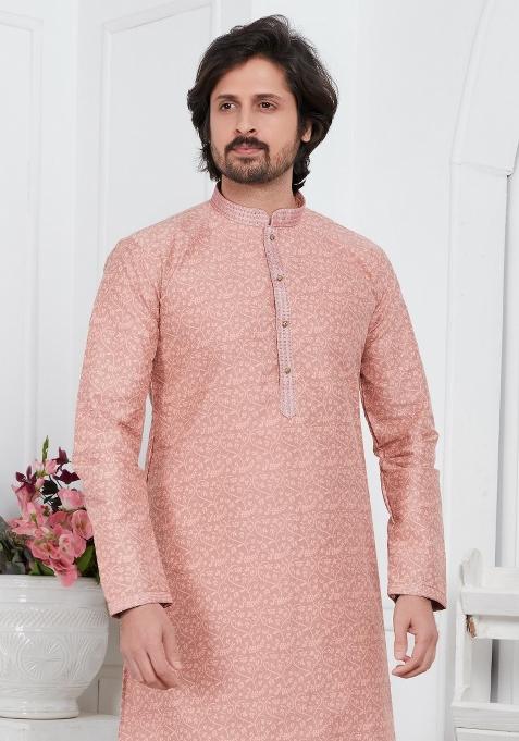 Peach Pintux Work Jacquard Kurta Set For Men