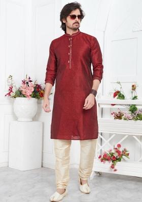 Maroon Pintux Work Jacquard Kurta Set For Men