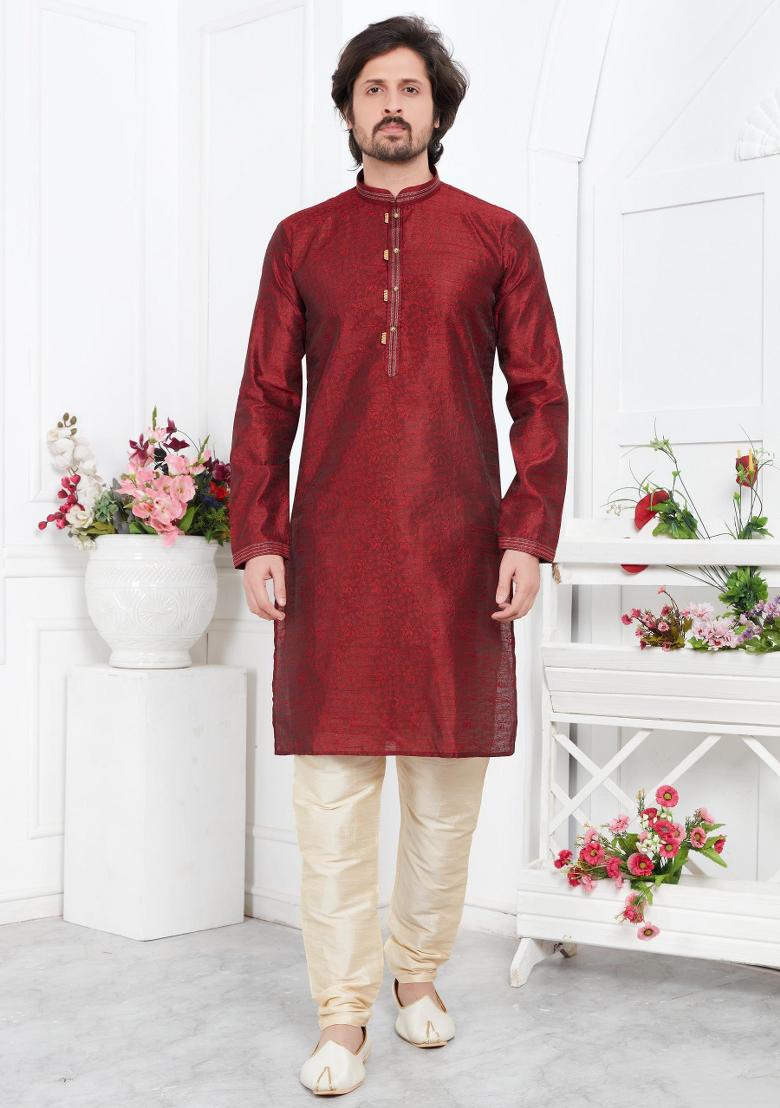 Maroon Pintux Work Jacquard Kurta Set For Men