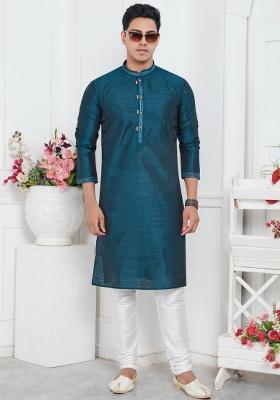 Blue Pintux Work Jacquard Kurta Set For Men