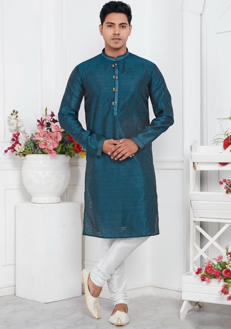 Blue Pintux Work Jacquard Kurta Set For Men