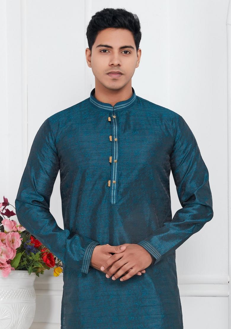 Blue Pintux Work Jacquard Kurta Set For Men