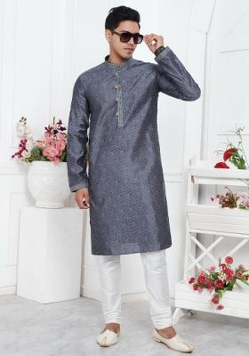 Grey Pintux Work Jacquard Kurta Set For Men