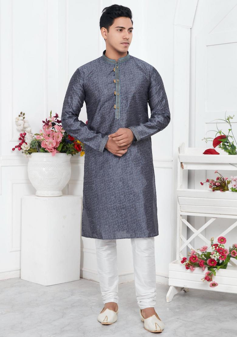Grey Pintux Work Jacquard Kurta Set For Men