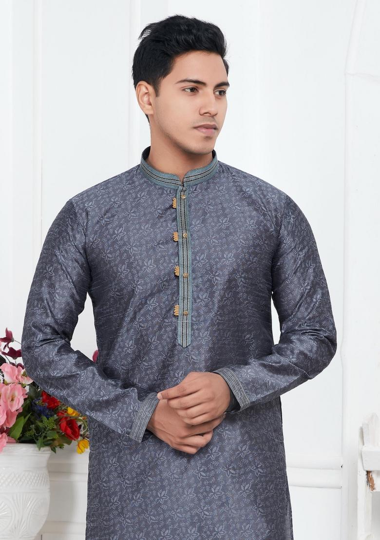 Grey Pintux Work Jacquard Kurta Set For Men