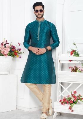 Teal Green Pintux Work Jacquard Kurta Set For Men