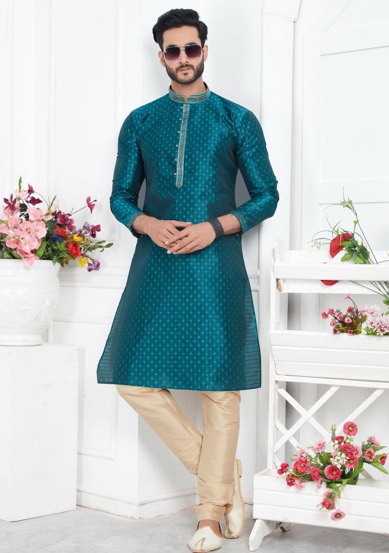 Teal Green Pintux Work Jacquard Kurta Set For Men