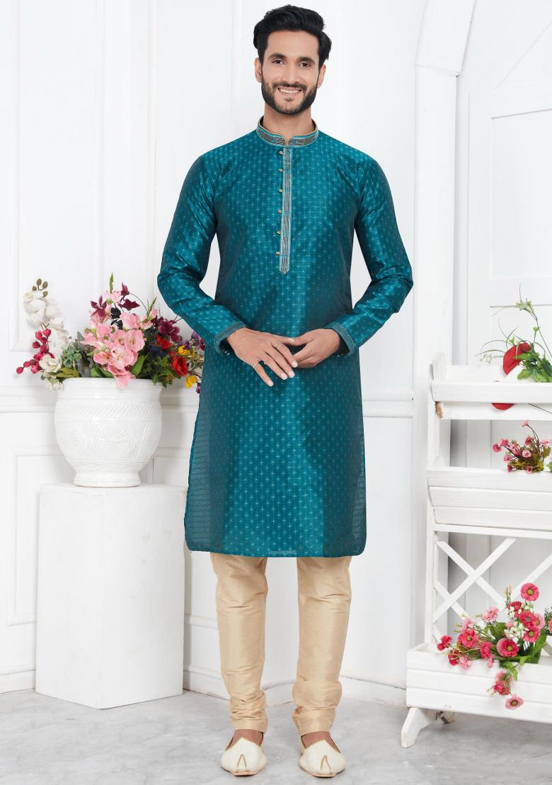 Teal Green Pintux Work Jacquard Kurta Set For Men