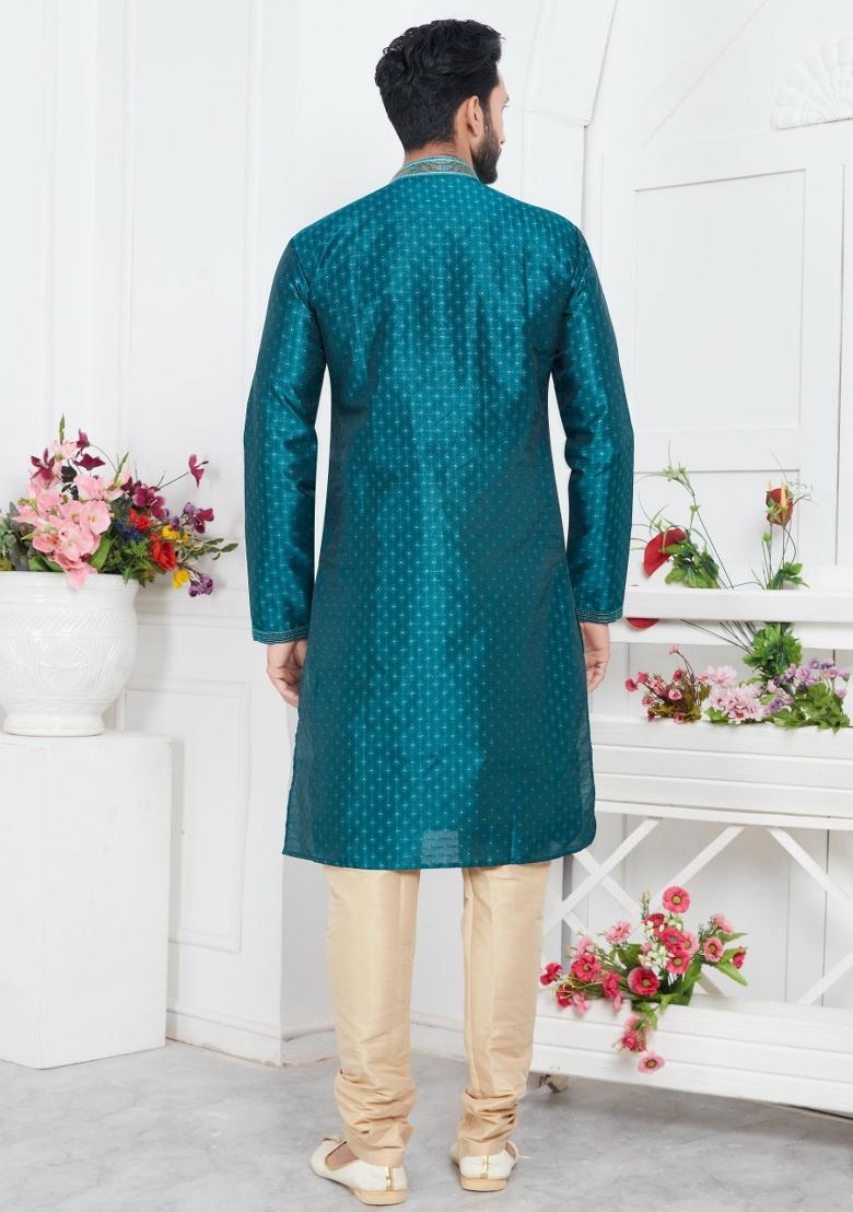 Teal Green Pintux Work Jacquard Kurta Set For Men