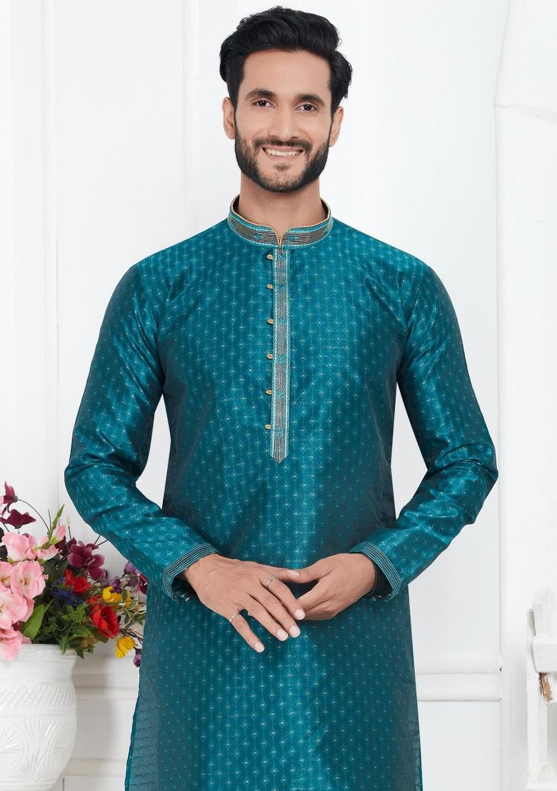 Teal Green Pintux Work Jacquard Kurta Set For Men