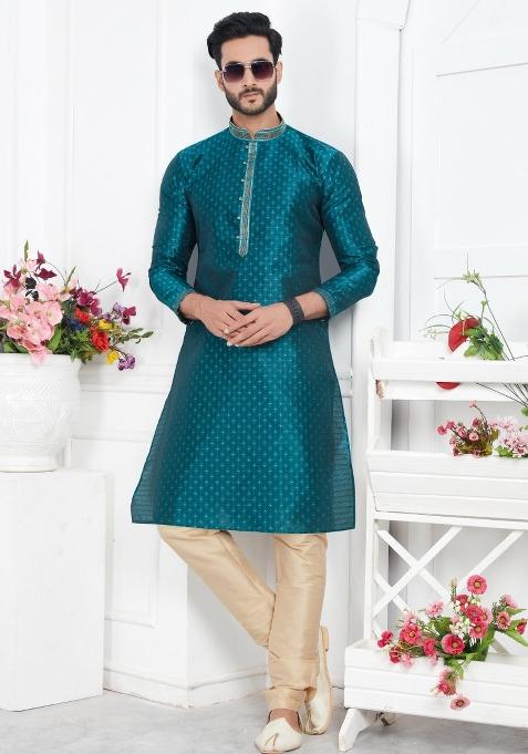 Teal Green Pintux Work Jacquard Kurta Set For Men