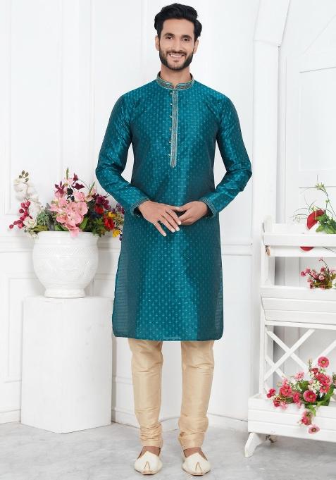 Teal Green Pintux Work Jacquard Kurta Set For Men