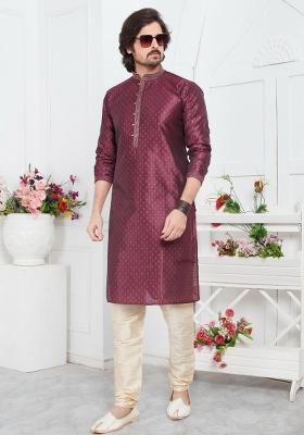 Magenta Pintux Work Jacquard Kurta Set For Men
