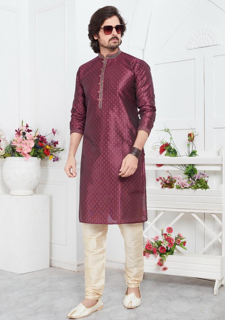 Magenta Pintux Work Jacquard Kurta Set For Men