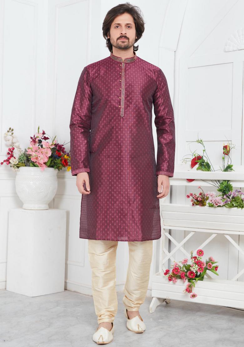 Magenta Pintux Work Jacquard Kurta Set For Men