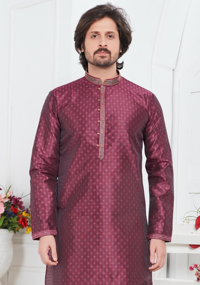 Magenta Pintux Work Jacquard Kurta Set For Men